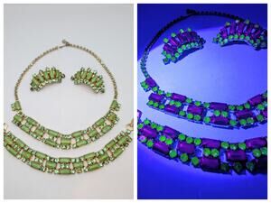 URANIUM GLASS Stunning Mid-Century Parure, Necklace, Bracelet, and Clip Earrings